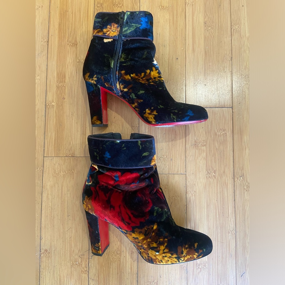 Christian Louboutin Moulamax Velour Floral Velvet Ankle Boots. Size 38 1/2.